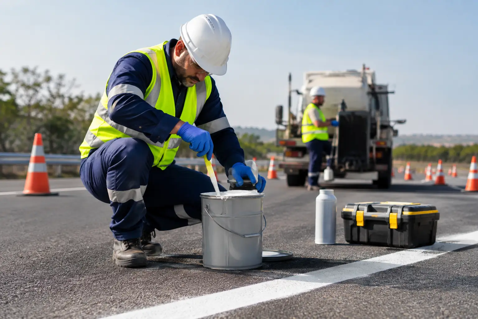 Profissional analisa tinta rodoviária antes da aplicação em pavimento