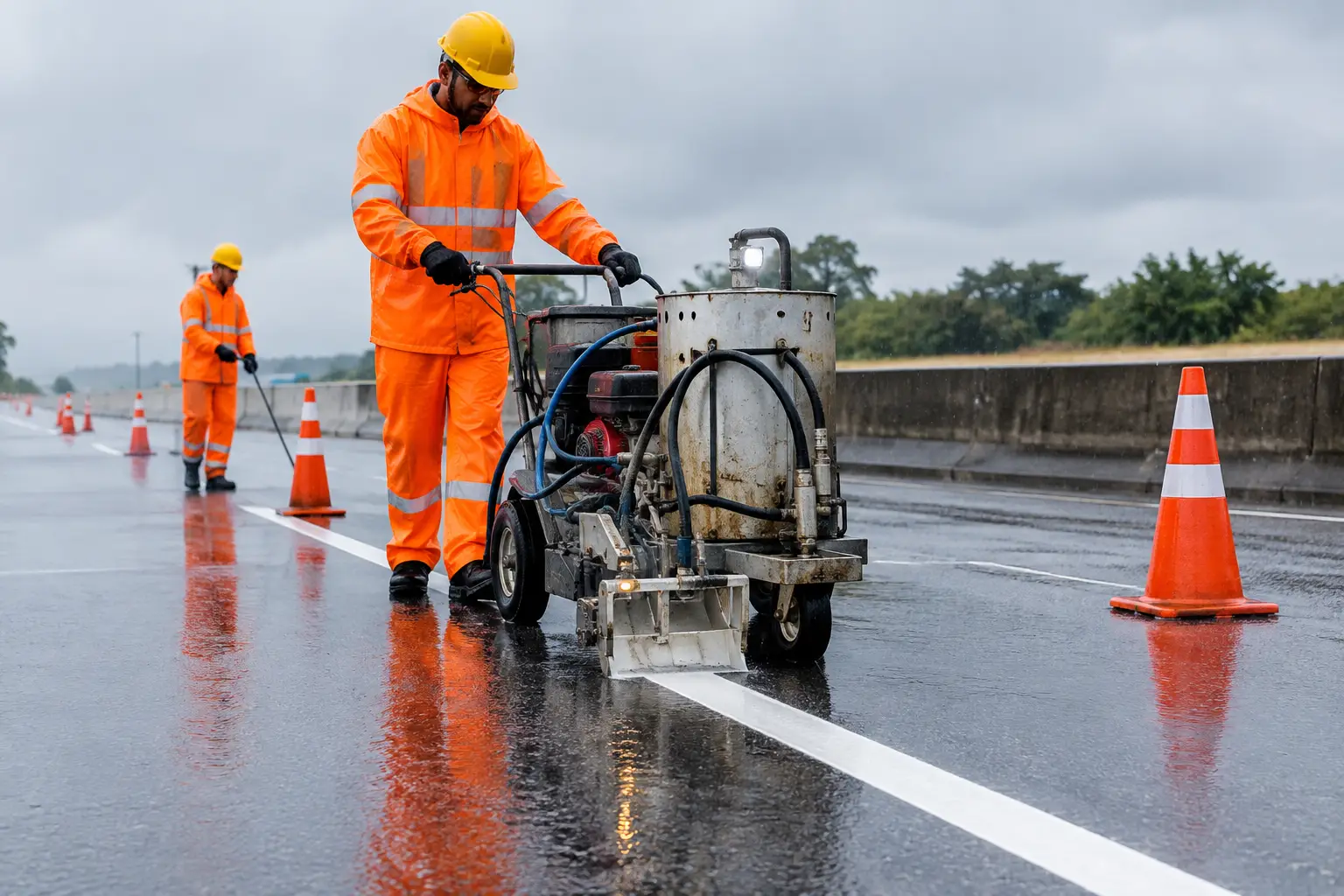 Equipe de demarcação viária com equipamento sobre pavimento molhado e cones de sinalização