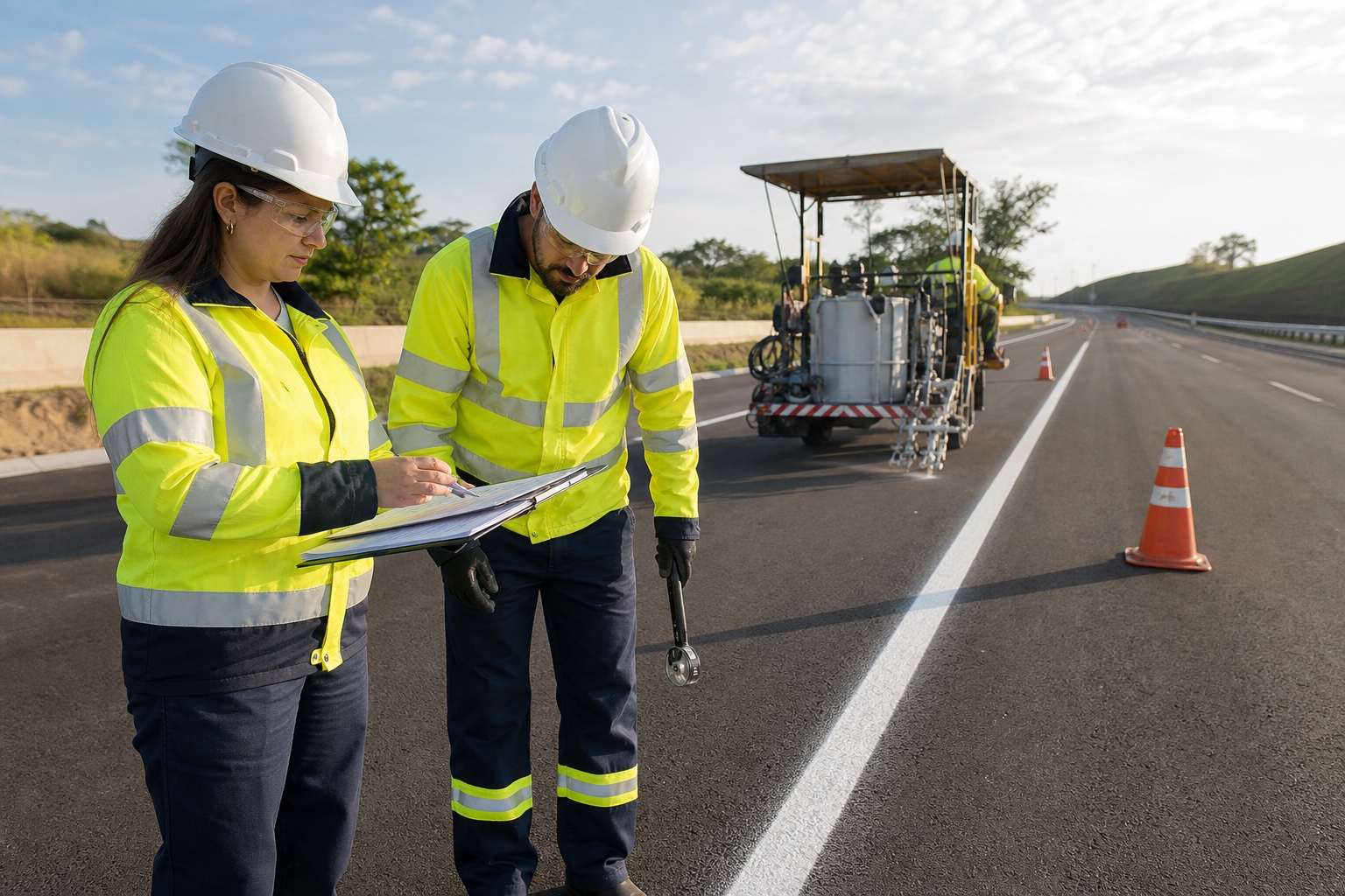 Engenheira e inspetor revisam documentação técnica durante controle da sinalização horizontal em rodovia