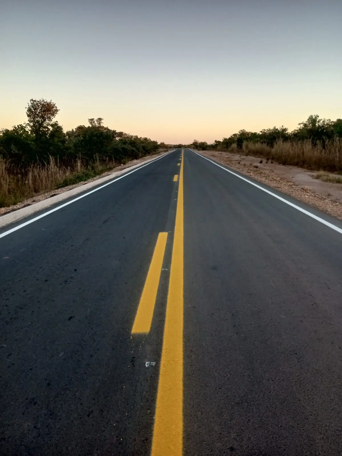 Rodovia sinalizada com linhas centrais amarelas e linhas de bordo brancas