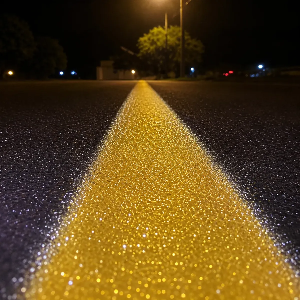 Faixa amarela retrorrefletiva em pavimento durante a noite